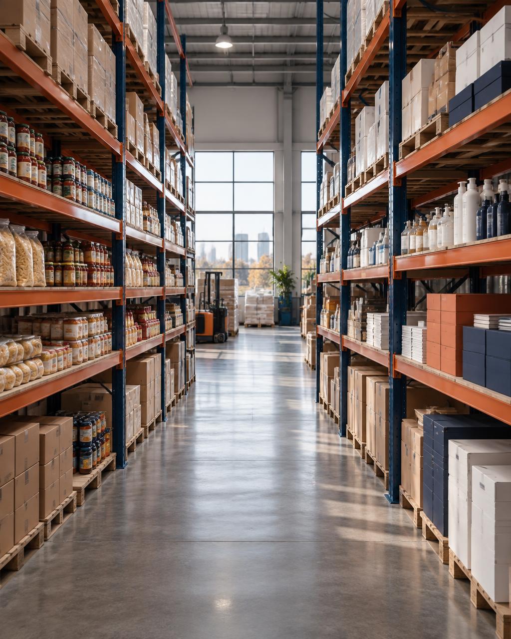 Organized warehouse shelving with wholesale grocery, beauty, and office products